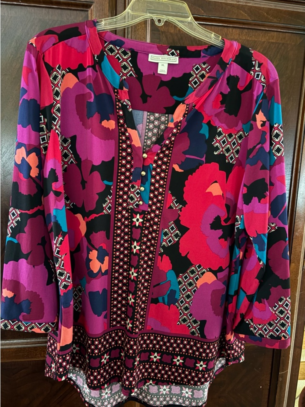 Dana Buchman Pink, Purple & Black Floral Border Tunic
